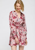 Women's Pajama floral Satin Wrap Front Flared Dress