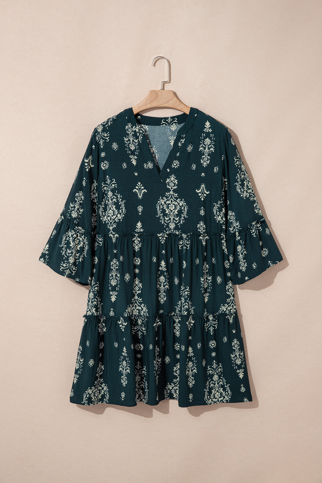 Boho Floral Lettuce Trim 3/4 Sleeve Mini Dress