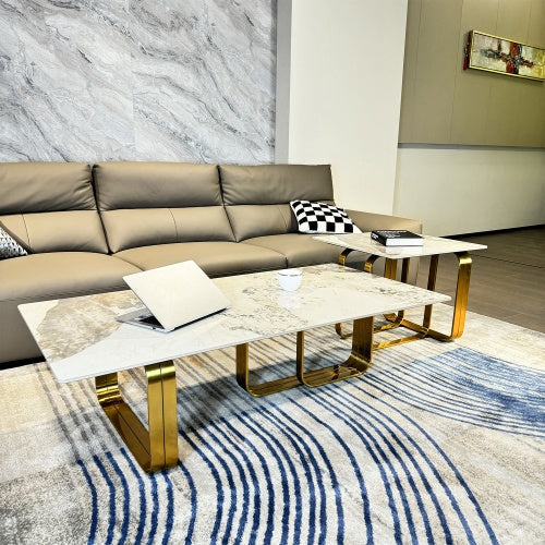 LuneluX_Home – Modern Sintered Stone Coffee Table Set with Gold Frame