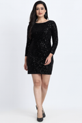Women's Black Sequin Mini Dress – Long Sleeve, Bodycon Partywear Black