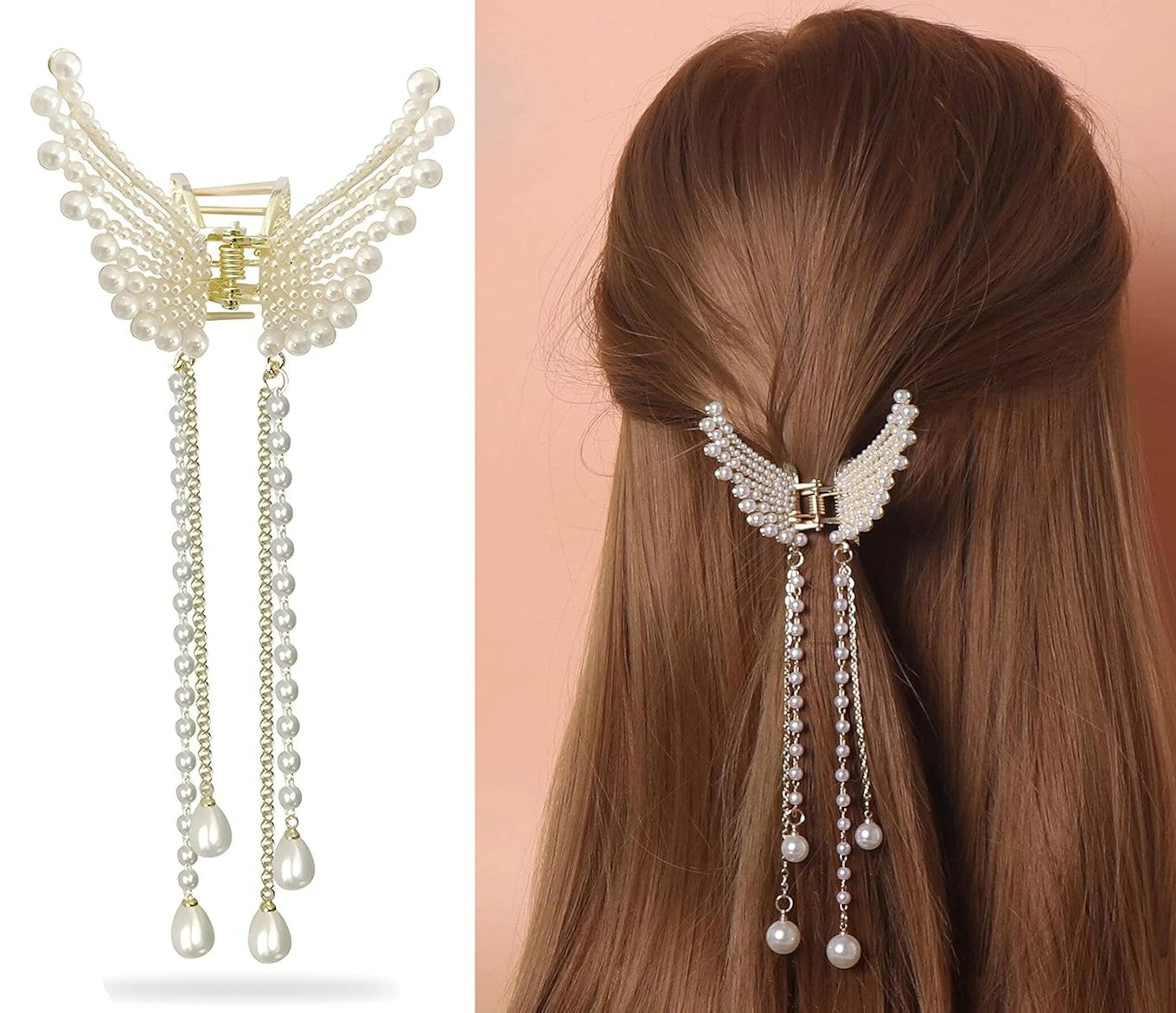 Elegant Pearl Wing Hair Claw Clip with Tassels