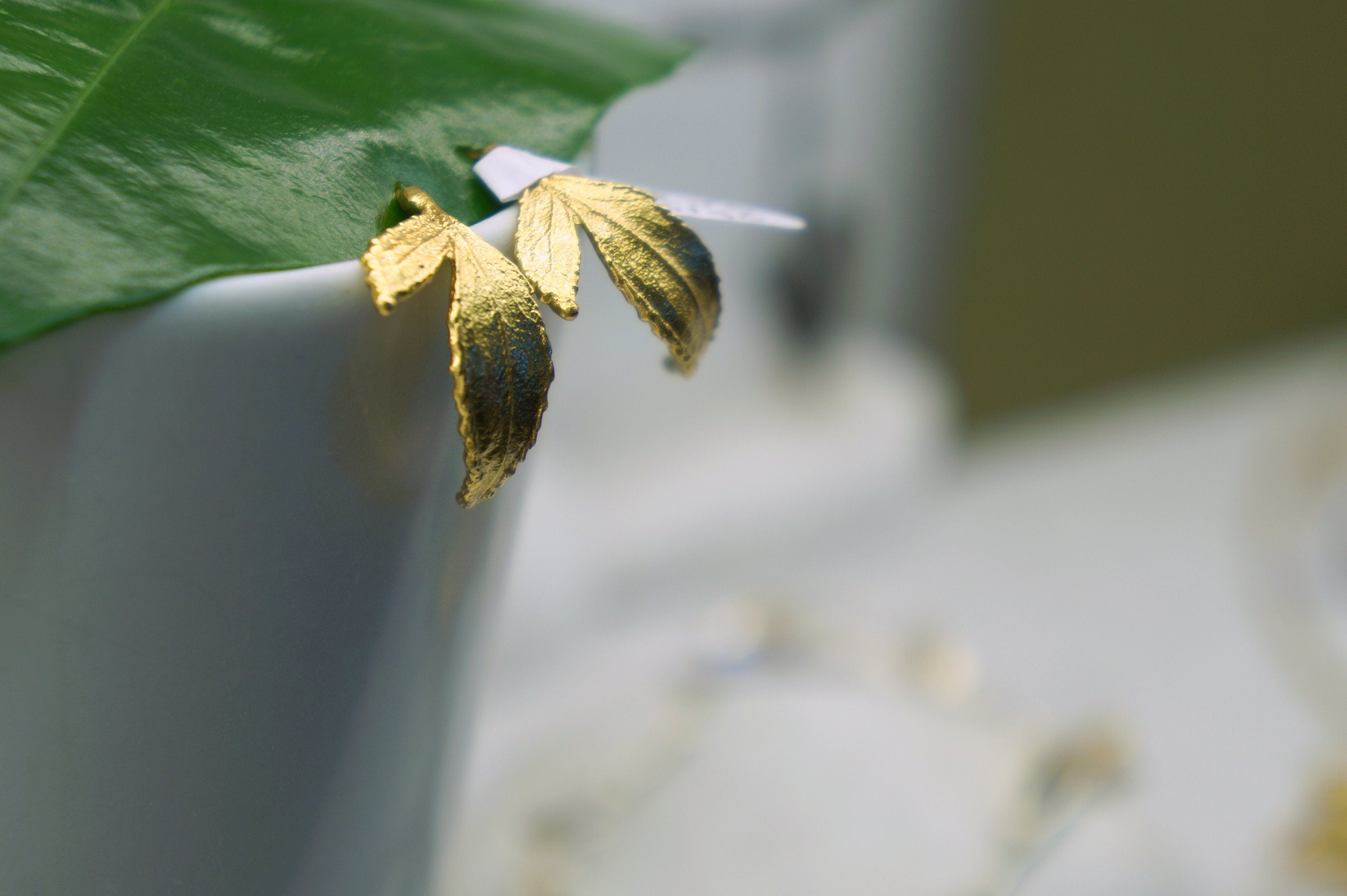 Hoop Earrings: Real Rose Leaves - Gold Plated Sterling Silver