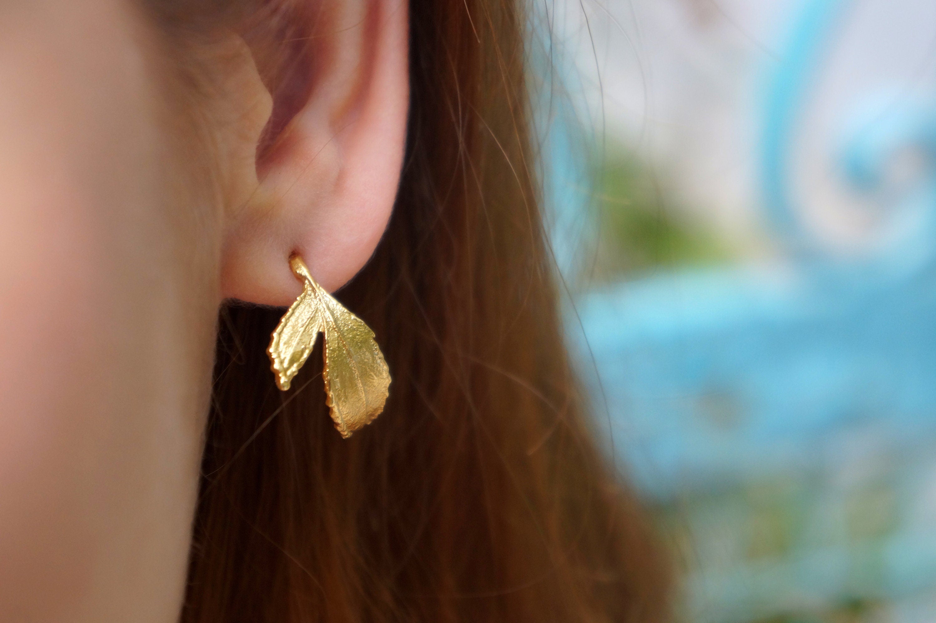 Hoop Earrings: Real Rose Leaves - Gold Plated Sterling Silver