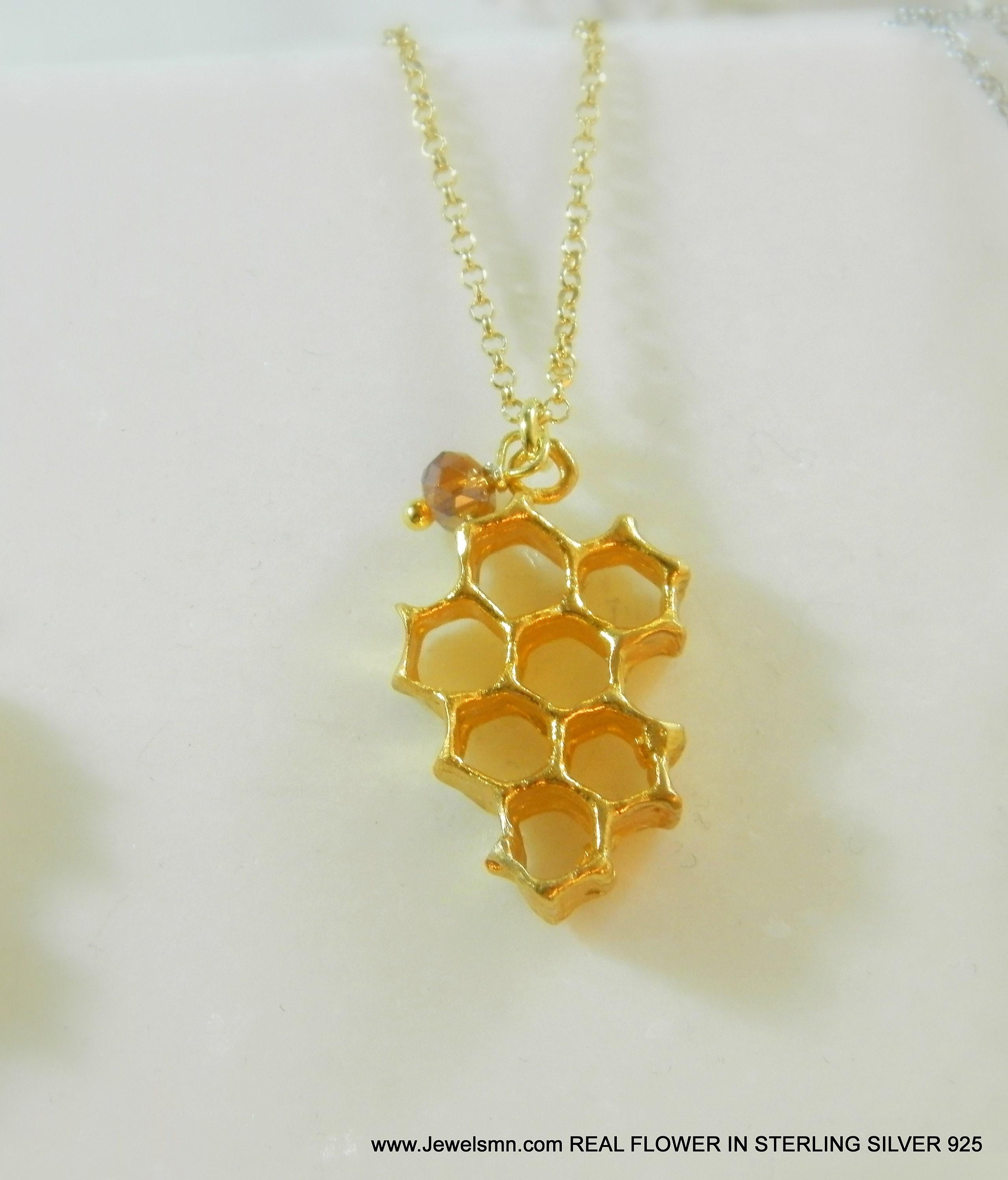 Honeycomb Bee Necklace - Sterling Silver with Gold Plated Option