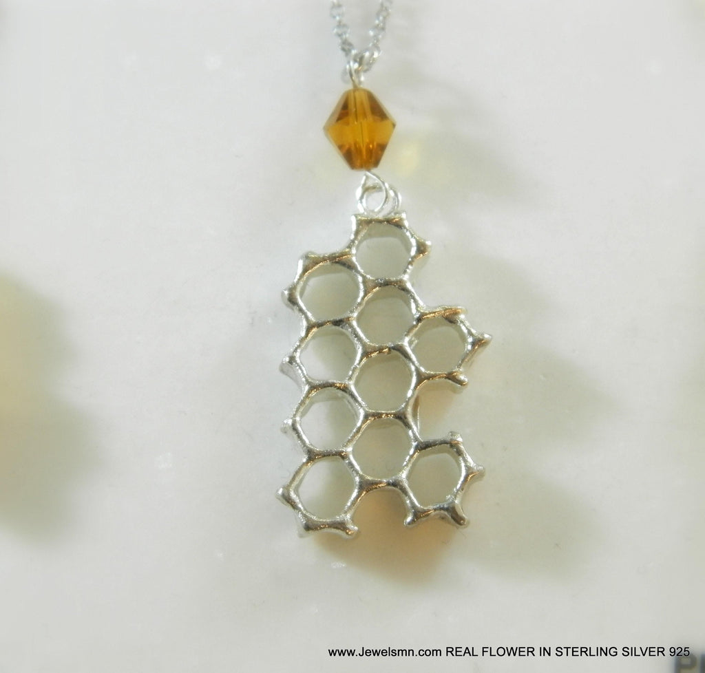 Honeycomb Bee Necklace - Sterling Silver with Gold Plated Option