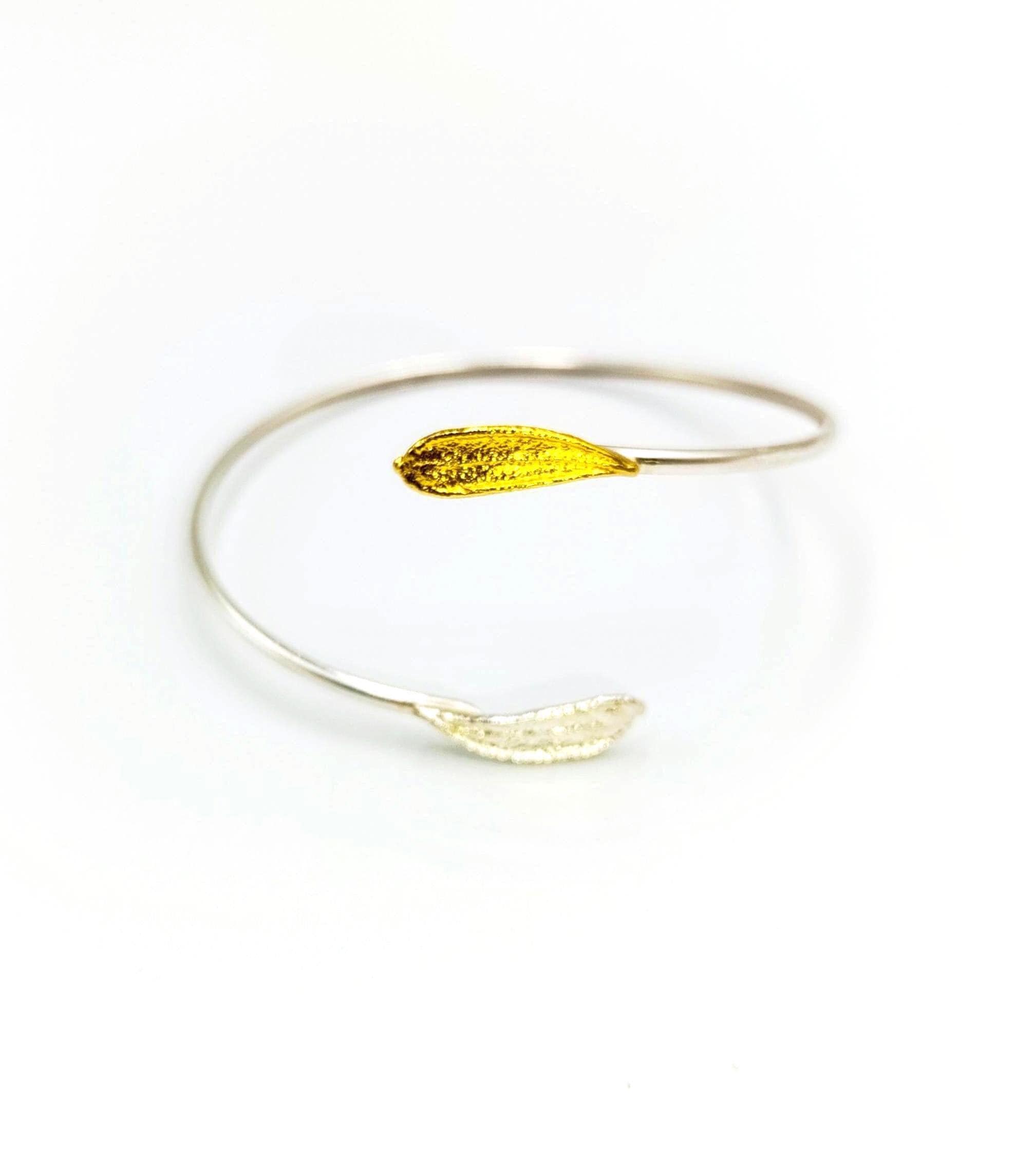 Vegan Olive Branch Bracelet, Gold-Plated Brass, Adjustable (Nature
