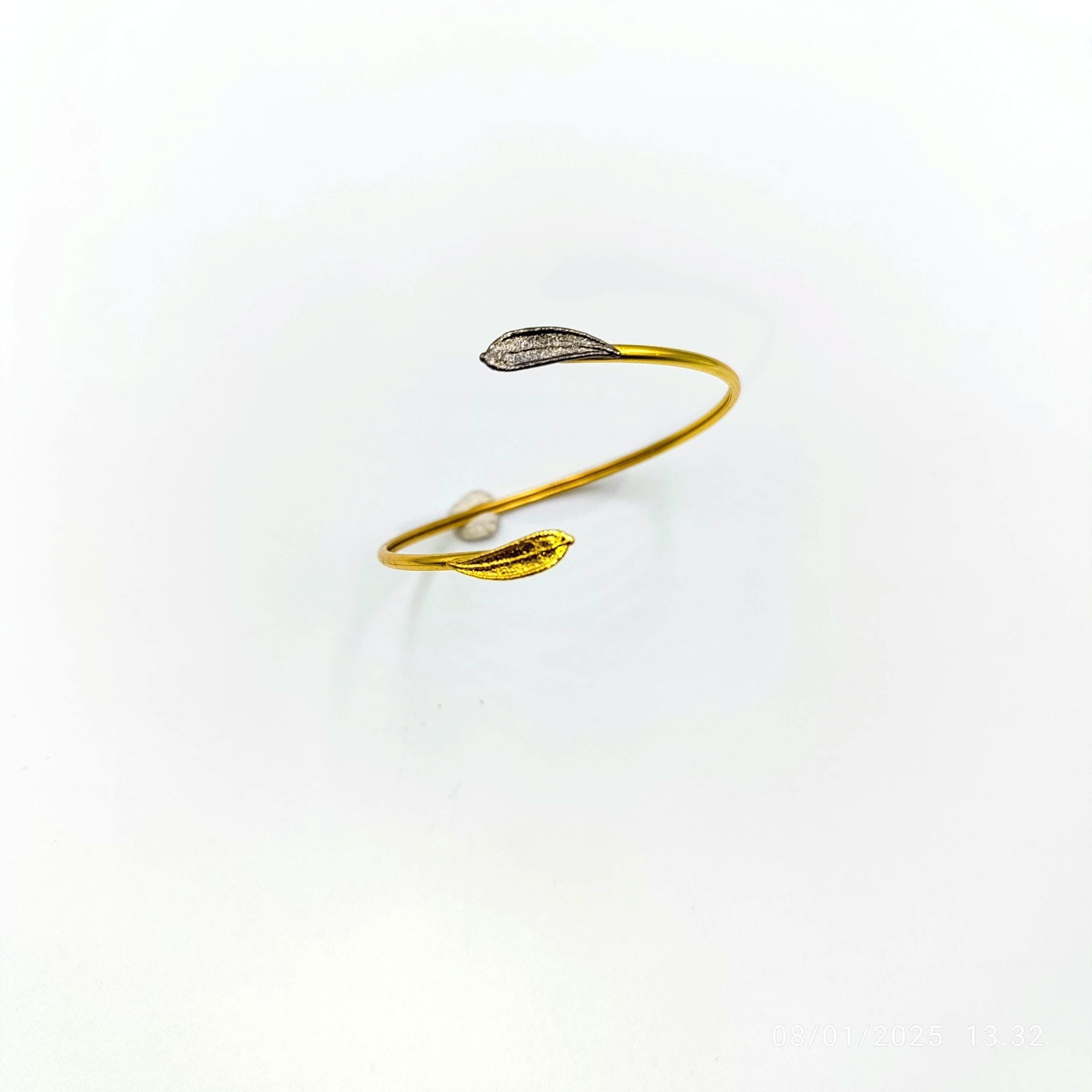 Vegan Olive Branch Bracelet, Gold-Plated Brass, Adjustable (Nature