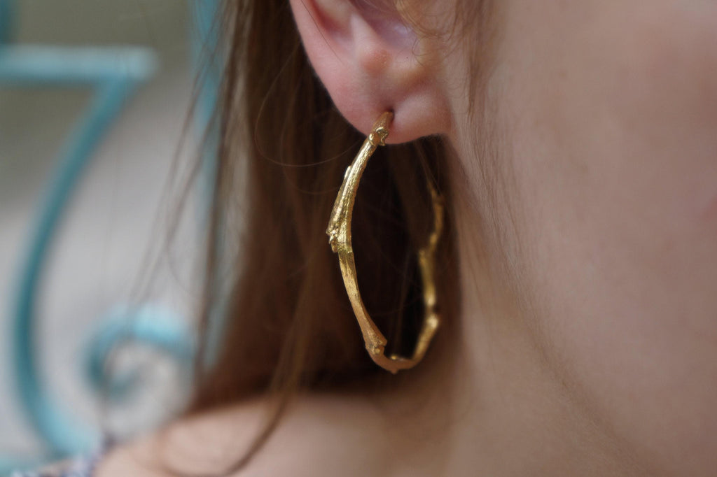 Nature Inspired Olive Branch Hoop Earrings (9k, 14k, 18k Gold) RETAIL