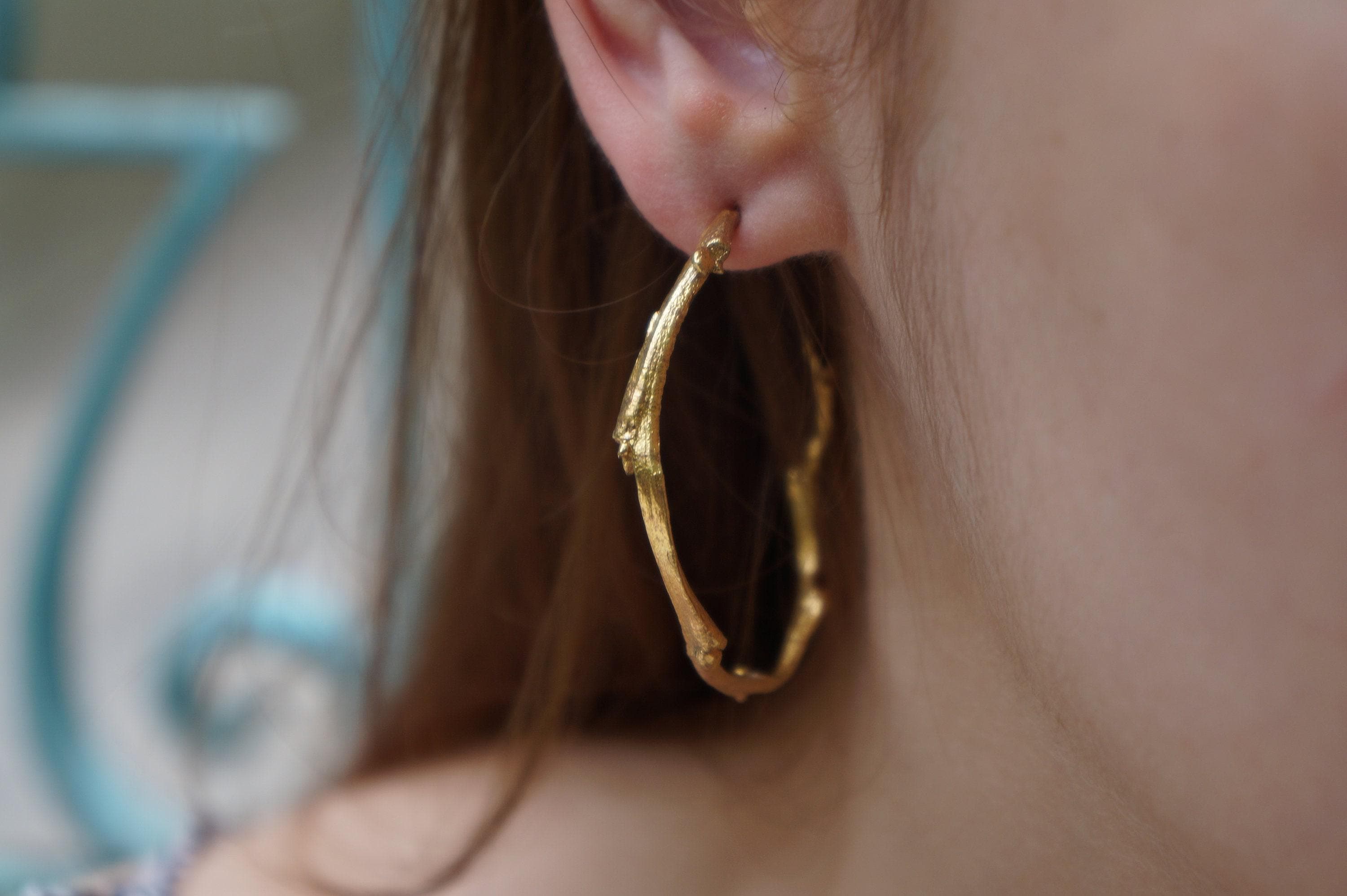 Nature Inspired Olive Branch Hoop Earrings (9k, 14k, 18k Gold) RETAIL