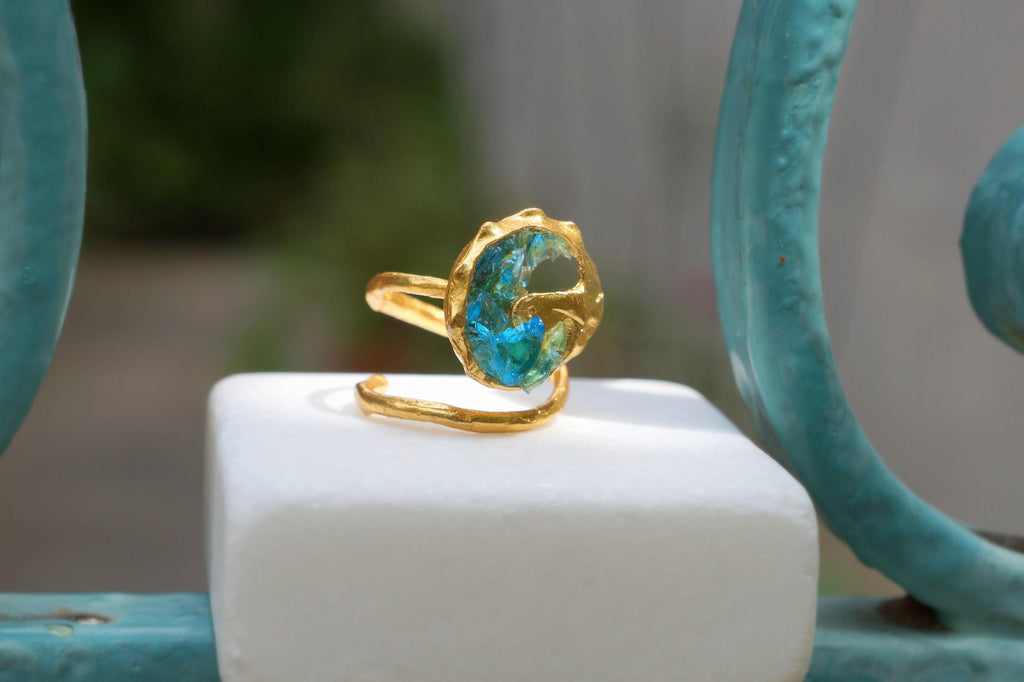 Gold Sea Shell Ring, Gold-Plated Sterling Silver Jewelry, Murano Stone
