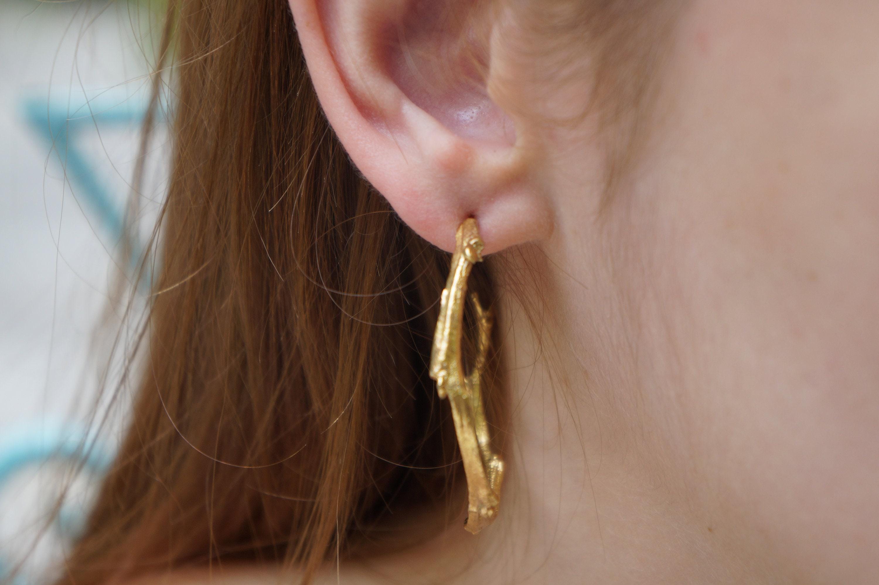 Nature Inspired Olive Branch Hoop Earrings (9k, 14k, 18k Gold) RETAIL