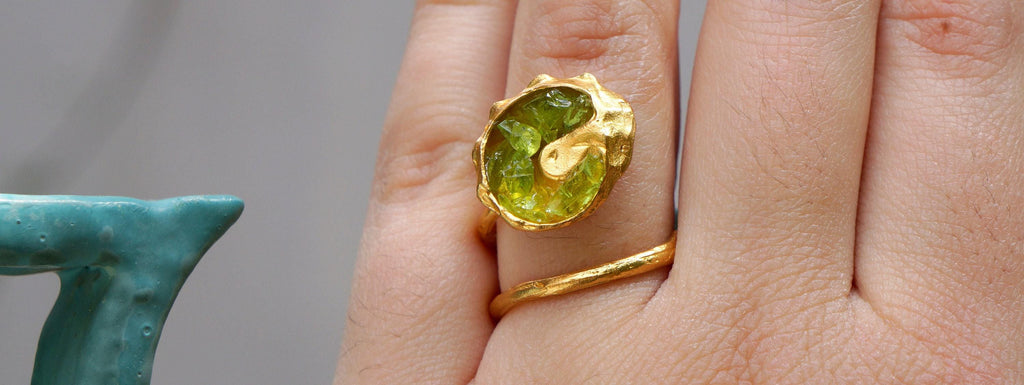 Gold Sea Shell Ring, Gold-Plated Sterling Silver Jewelry, Murano Stone