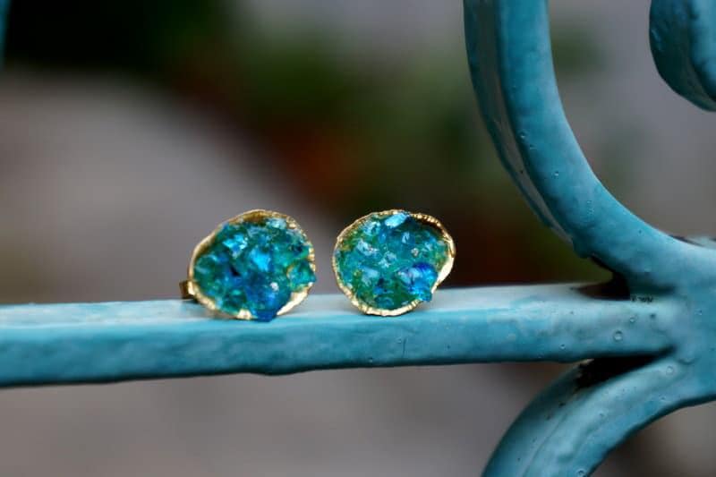 Turquoise Murano Glass Earrings, Silver Shell Studs (Handmade)