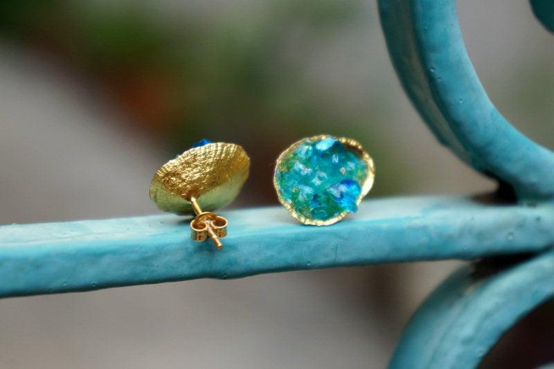 Turquoise Murano Glass Earrings, Silver Shell Studs (Handmade)